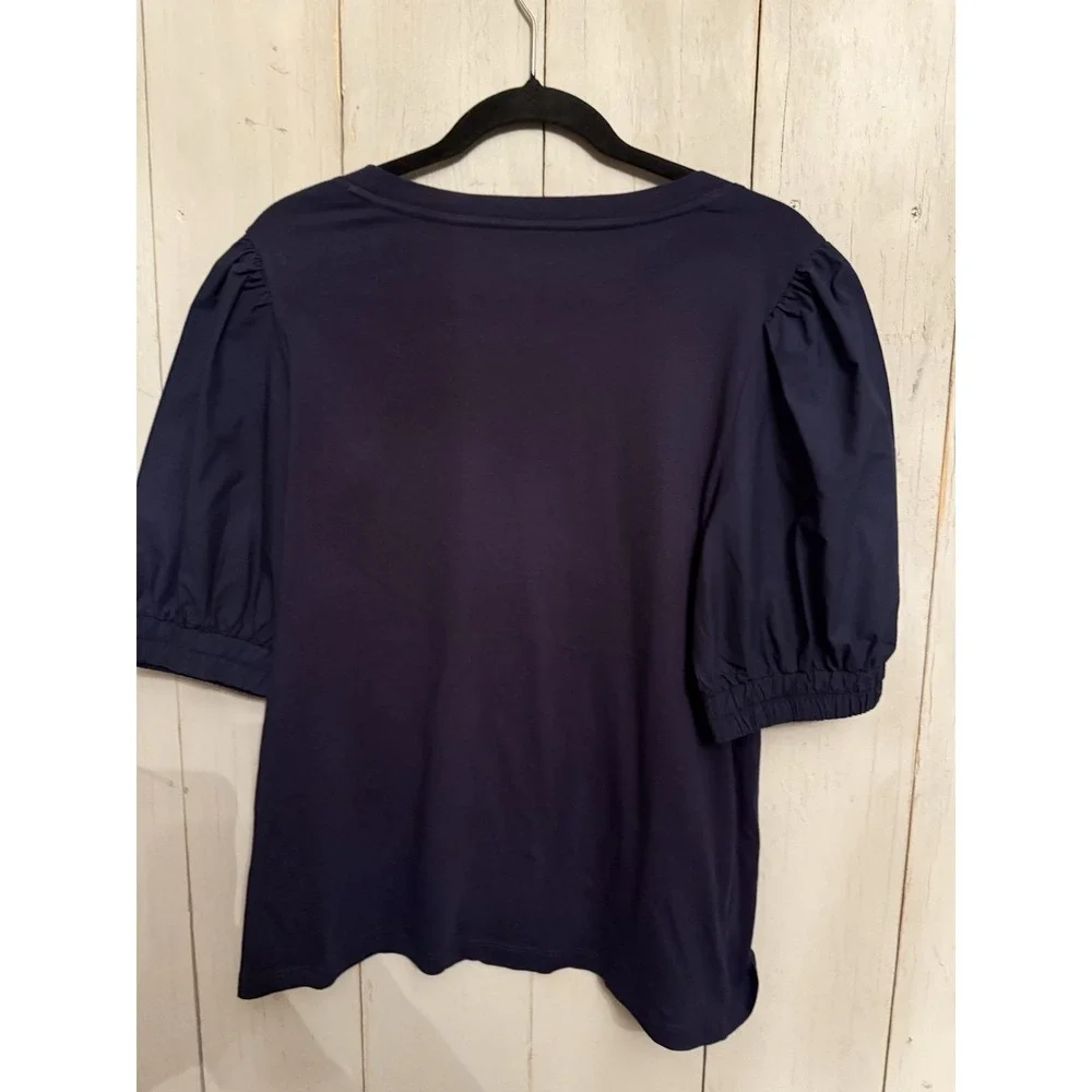 LOFT Top Blouse Mixed Media Navy Blue Puff Sleeve Knit Cotton‎ Cottagecore Sz-M
